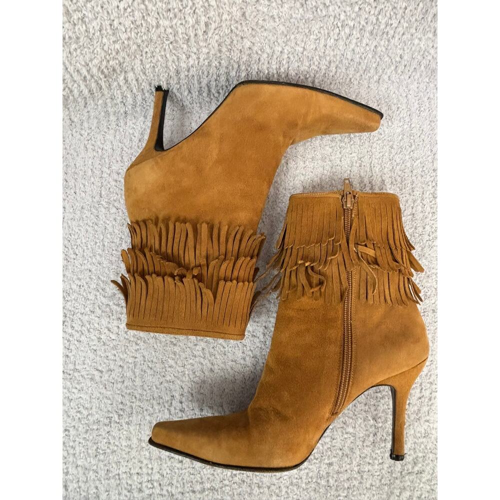 Stuart Weitzman Brown Suede Leather Fringe Heeled Booties Size 6.5 #68884 - Picture 3 of 6